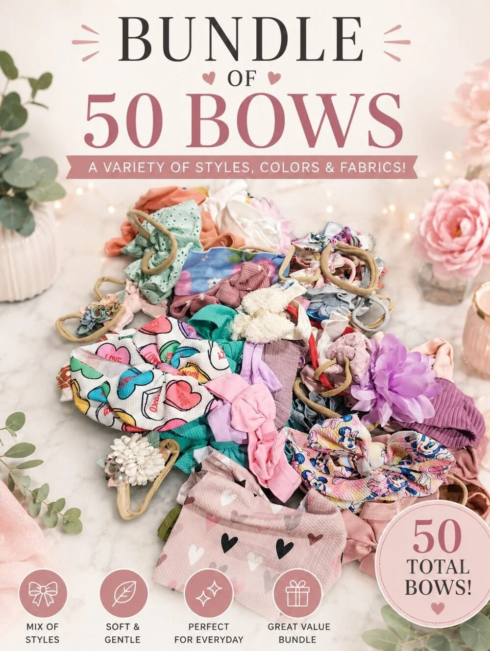 Bundle of 50 Baby/Toddler Hair Bows - Mixed Colors & Styles - Never Worn